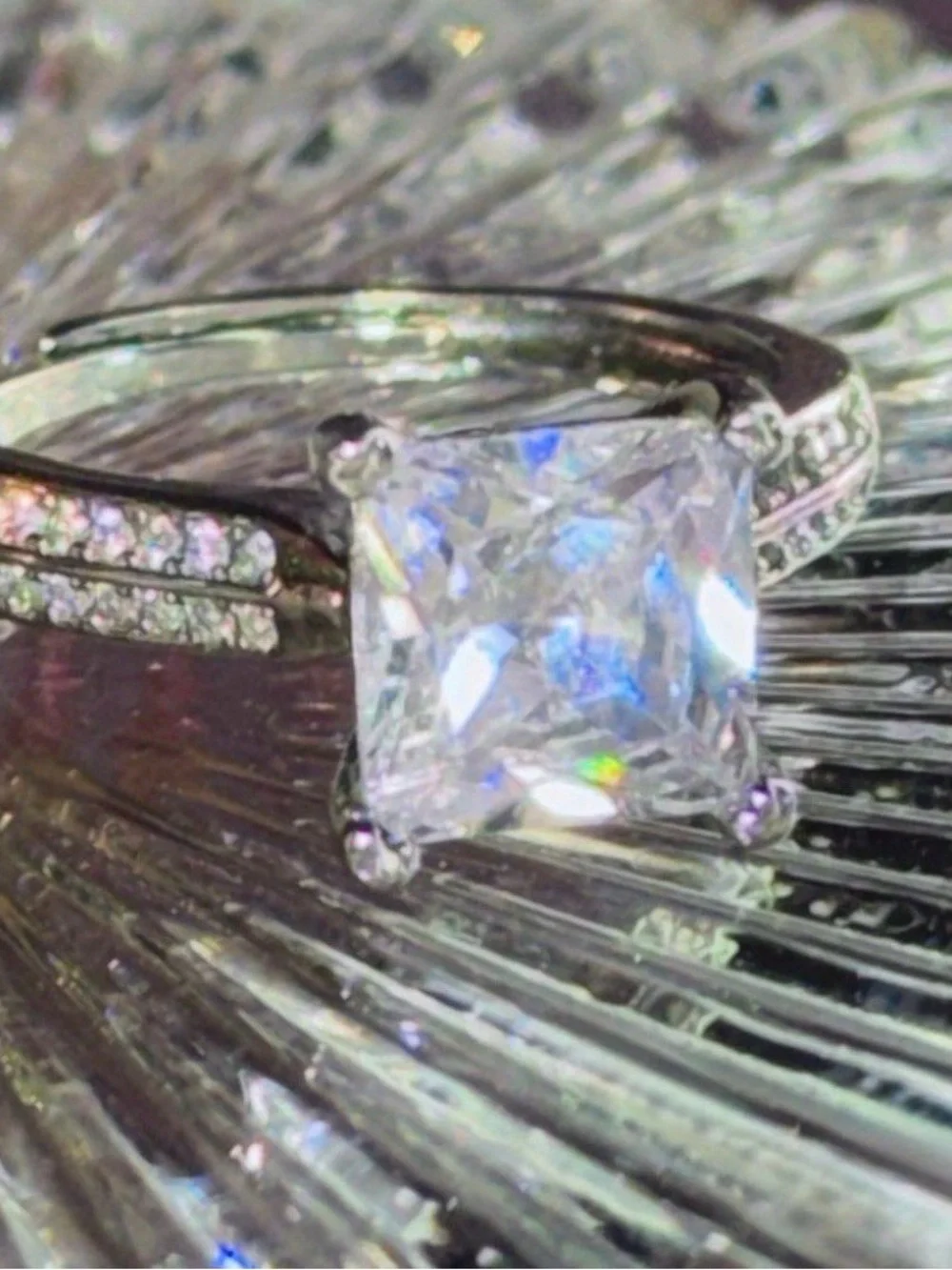 Princess Cut Moissanite Style Halo Ring PT950 Stamped Adjustable Band